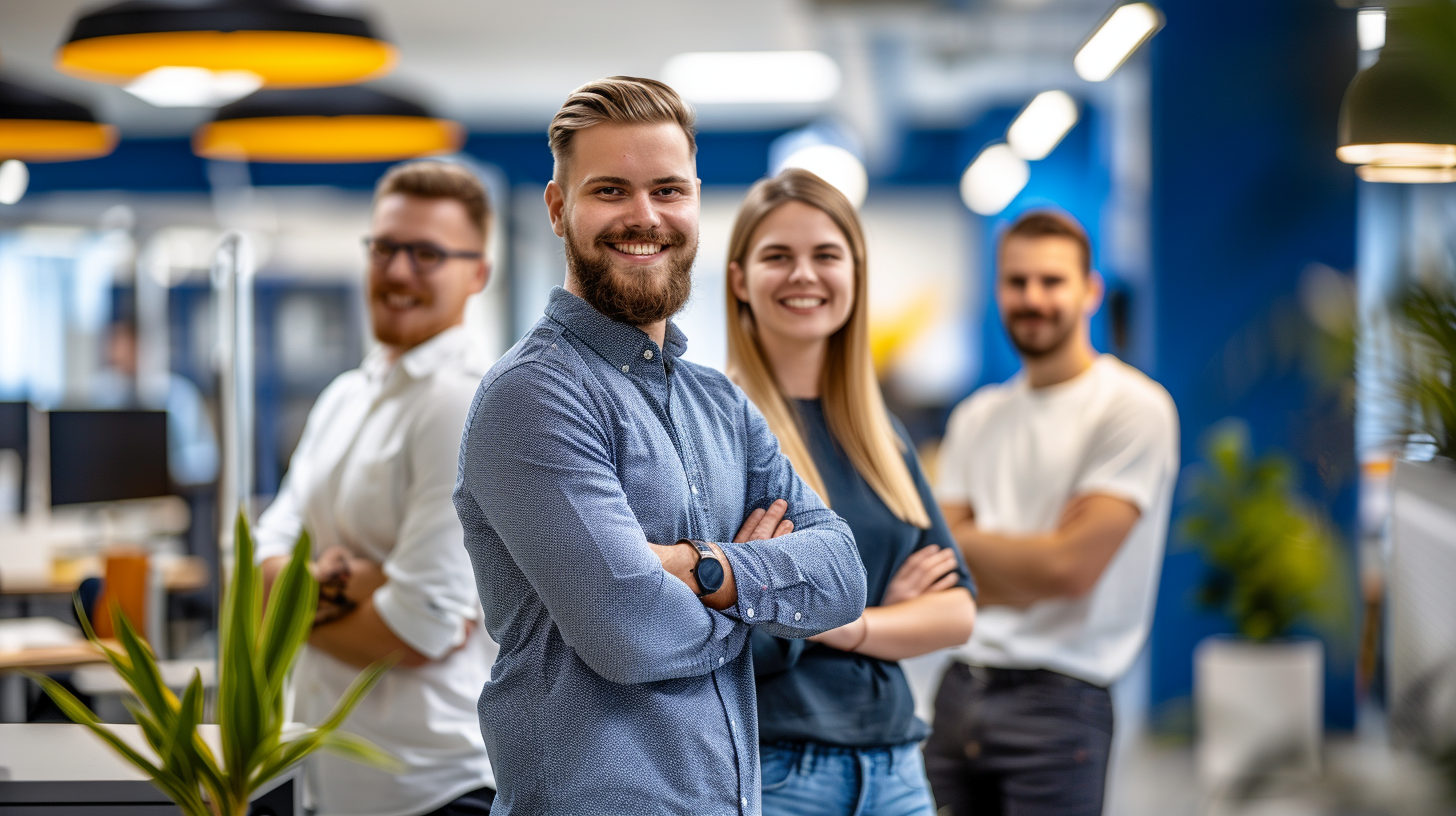 Neljä hymyilevää henkilöä toimistoympäristössä